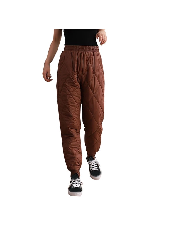 Women's Down Pants Classic Elastic High Waist Quilted Padded Tapered Leg Warm Pants Winter Outdoor Lightweight Puffer Ski Snow Trousers(Coffee,M)