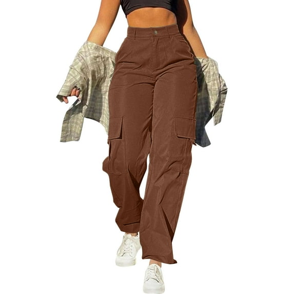 RYRJJ Women's Parachute Cargo Pants Travel Y2K Streetwear High Waisted Baggy Stretchy Pants with Multi-Pockets Casual Work Trousers(Brown,L)