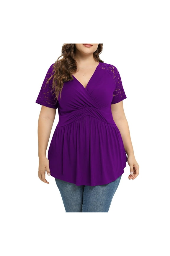 Women's Plus Size Dressy Tops Wrap Shirt Contrast Lace Short Sleeve Tunic Top V Neck Low Cut Cute Blouse(Purple,XL)