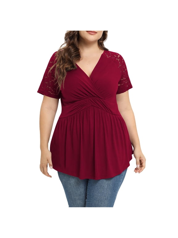 Women's Plus Size Dressy Tops Wrap Shirt Contrast Lace Short Sleeve Tunic Top V Neck Low Cut Cute Blouse(Red,XL)