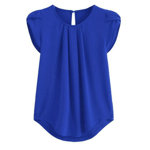RYRJJ Women's Plus Size Elegant Chiffon Shirts Casual Crewneck Basic Pleated Tops Petal Cap Sleeve Curved Hem Keyhole Back Office Work Blouse(Blue,S)