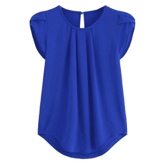 RYRJJ Women's Plus Size Elegant Chiffon Shirts Casual Crewneck Basic Pleated Tops Petal Cap Sleeve Curved Hem Keyhole Back Office Work Blouse(Blue,XL)