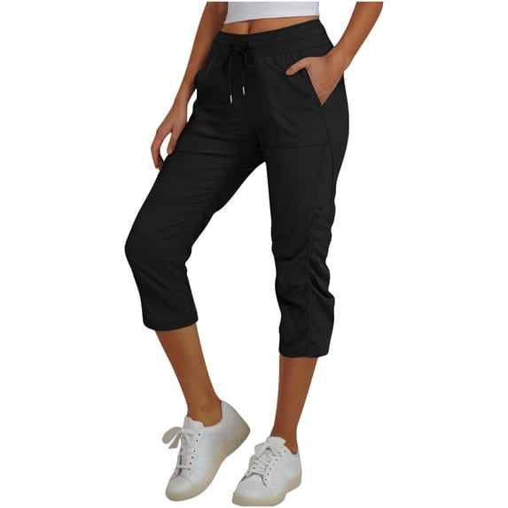 RYRJJ Women's Quick-Dry Capris Hiking Travel Pants Elastic Waist Drawstring Workout Pants with Pockets Lightweight Cropped Sweatpants(Black,XL)