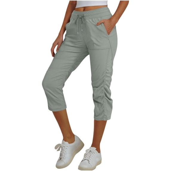 RYRJJ Women's Quick-Dry Capris Hiking Travel Pants Elastic Waist Drawstring Workout Pants with Pockets Lightweight Cropped Sweatpants(Gray,M)