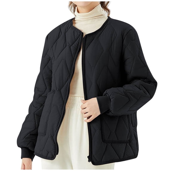 RYRJJ Women's Quilted Jacket Puffer Coat Crew Neck Full Zip Lightweight Padded Winter Outwear with Pockets(Black,XXL)