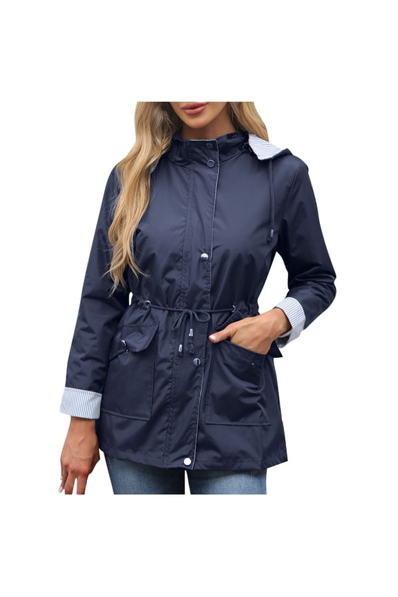 Women's Rain Jacket Waterproof Windbreaker Trench Coat Active Outdoor Hiking Travel Raincoat with Removable Hood(Dark Blue,S)