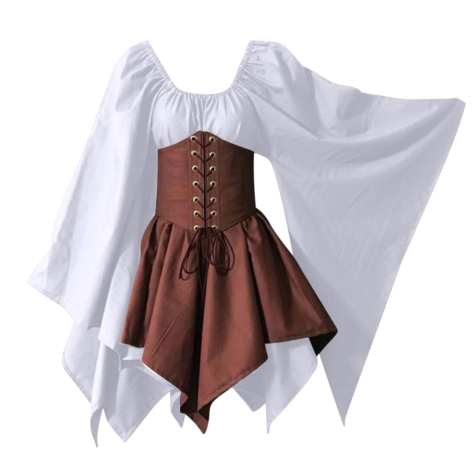 RYRJJ Women's Retro Medieval Renaissance Costume Dresses Plus Size Vintage  Flare Long Sleeve Gothic Dress with Corset Party Short Mini Dress(White,S)  