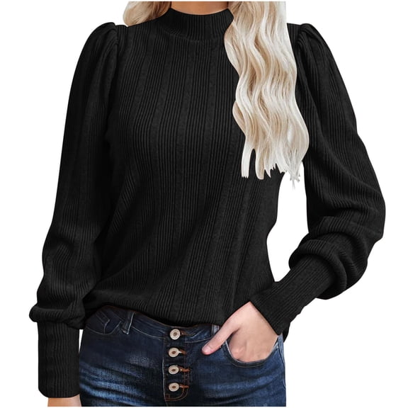 RYRJJ Women's Ribbed Knit Blouse Soft Puff Long Sleeve Shirts Fall Sweaters Tops Lightweight Mock Neck Pullover Sweater(Black,M)