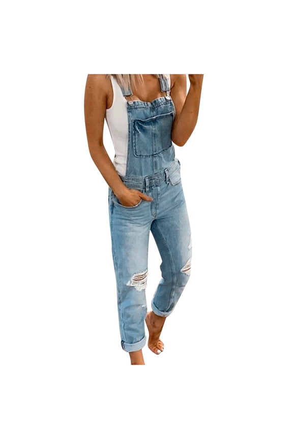 Women's Ripped Denim Bib Overalls Adjustable Straps Pockets Jean Rompers Casual Distressed Jeans Slim Jumpsuits(Blue,S)