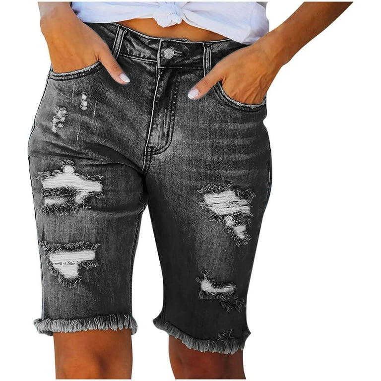 RYRJJ Women's Ripped Mid-Rise Denim Bermuda Shorts Distressed