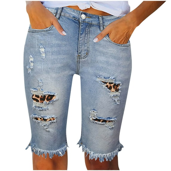 RYRJJ Women's Ripped Mid-Rise Denim Bermuda Shorts Distressed Frayed Raw Hem Stretch Slim Fit Jean Shorts(Coffee,XL)