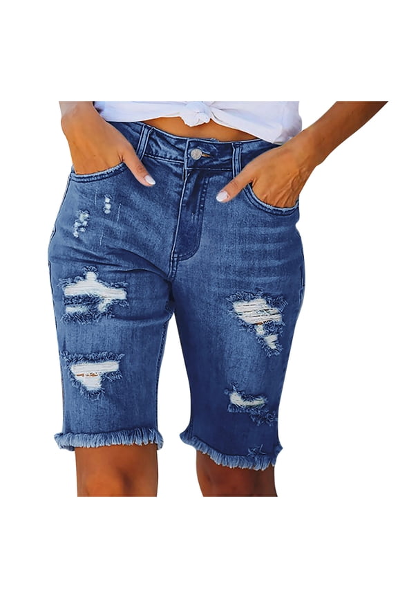 Women's Ripped Mid-Rise Denim Bermuda Shorts Distressed Frayed Raw Hem Stretch Slim Fit Jean Shorts(Dark Blue,L)