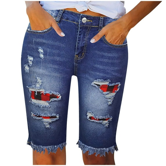 RYRJJ Women's Ripped Mid-Rise Denim Bermuda Shorts Distressed Frayed Raw Hem Stretch Slim Fit Jean Shorts(Red,S)