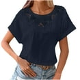 thumbnail image 1 of RYRJJ Women's Roll-Up Short Sleeve Crewneck Lace Crochet Chiffon Tops Summer Casual Flowy Solid Color Swiss Dot Blouses Shirt(Navy,XL), 1 of 4