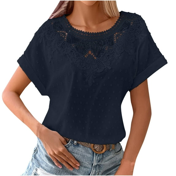 RYRJJ Women's Roll-Up Short Sleeve Crewneck Lace Crochet Chiffon Tops Summer Casual Flowy Solid Color Swiss Dot Blouses Shirt(Navy,XL)