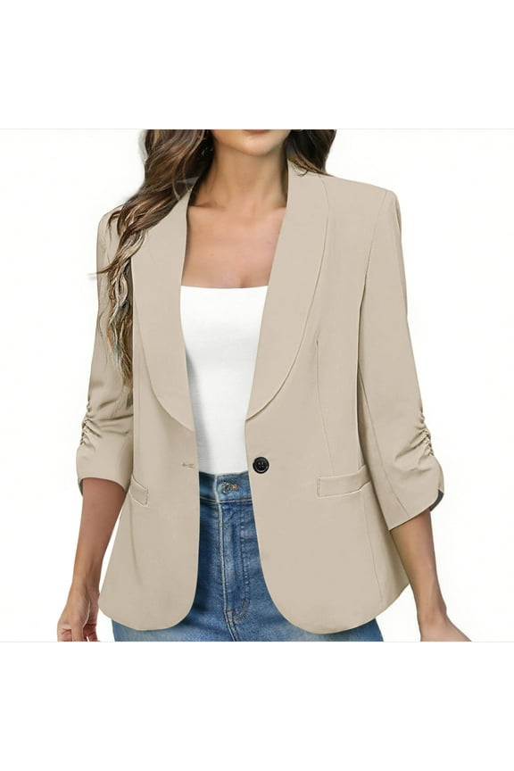 Women's Ruched 3/4 Sleeve Blazers Lightweight Slim Fit Jackets with Padded Shoulder for Business Casual Work Suit Jacket(Beige,XXL)