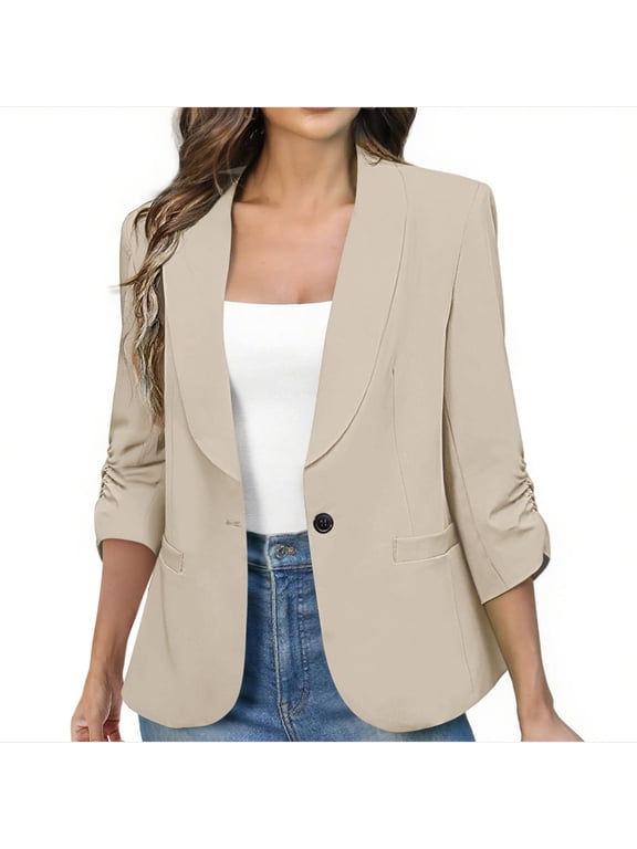 Women's Ruched 3/4 Sleeve Blazers Lightweight Slim Fit Jackets with Padded Shoulder for Business Casual Work Suit Jacket(Beige,XXL)