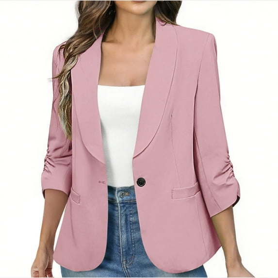 RYRJJ Women's Ruched 3/4 Sleeve Blazers Lightweight Slim Fit Jackets with Padded Shoulder for Business Casual Work Suit Jacket(Pink,XL)