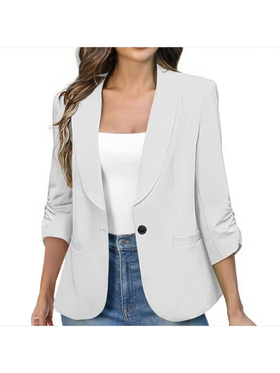 Women's Ruched 3/4 Sleeve Blazers Lightweight Slim Fit Jackets with Padded Shoulder for Business Casual Work Suit Jacket(White,XXL)