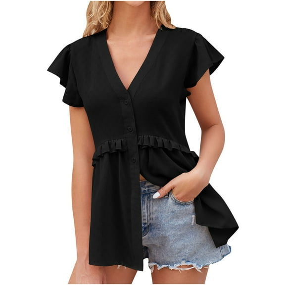 RYRJJ Women's Ruffle Short Sleeve V Neck Tops Button Up Pleated Babydoll Tunic Tops Peplum Flowy Blouse Shirts(Black,XXL)