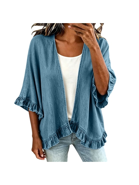 Women's Ruffled Trim Denim Kimono Cardigan Batwing Sleeve Open Front Casual Loose Wrap Jean Jacket Coat