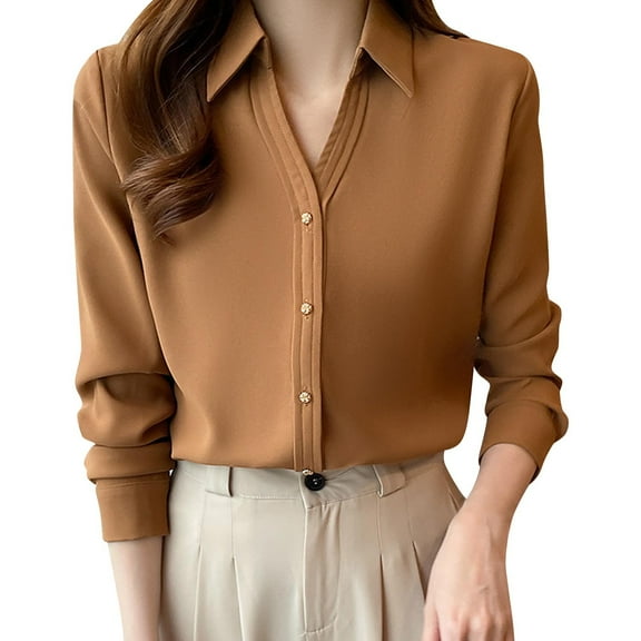 RYRJJ Women's Satin Blouse Fashion Silk Long Sleeve Collared Button Down Shirt Dressy Casual Work Office Tops(Brown,XL)