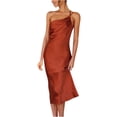 thumbnail image 1 of RYRJJ Women's Satin Midi Cocktail Dress One Shoulder Spaghetti Strap Backless Ruched Summer Bodycon Party Club Dresses(Brown,S), 1 of 8