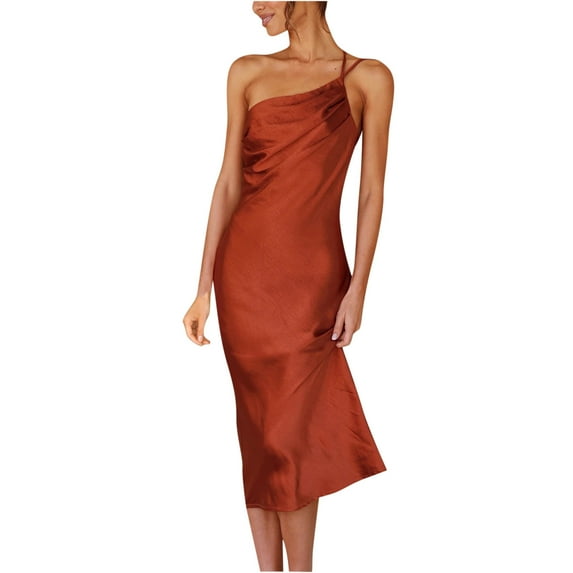 RYRJJ Women's Satin Midi Cocktail Dress One Shoulder Spaghetti Strap Backless Ruched Summer Bodycon Party Club Dresses(Brown,S)