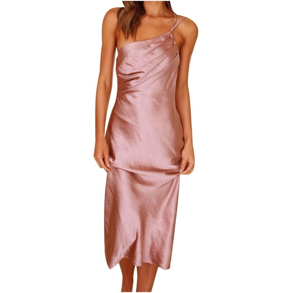 RYRJJ Women's Satin Midi Cocktail Dress One Shoulder Spaghetti Strap Backless Ruched Summer Bodycon Party Club Dresses(Pink,M)