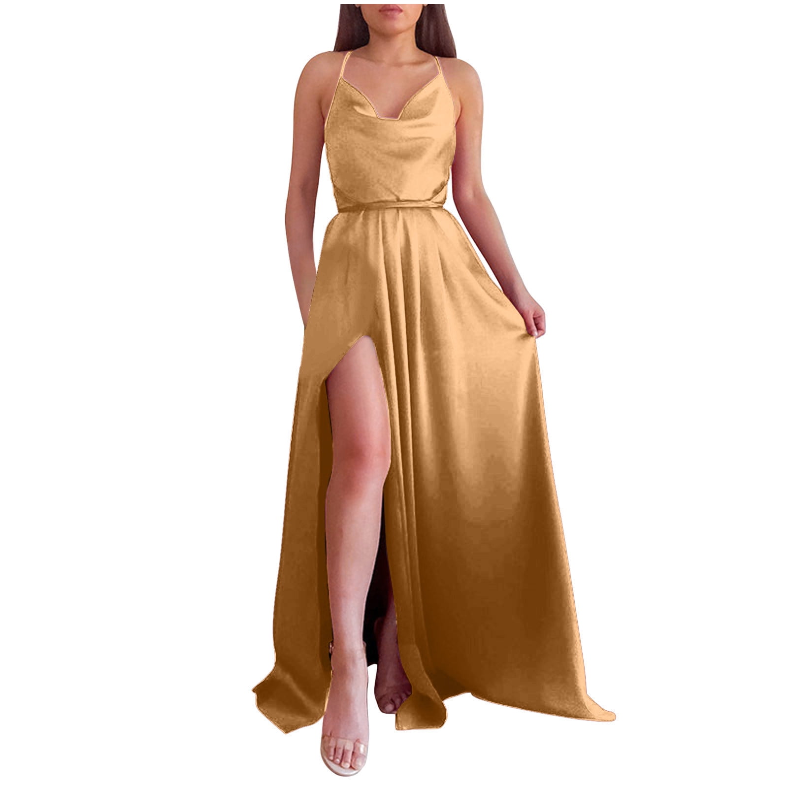 RYRJJ Women's Satin Prom Dress Long Ball Gown with Slit Backless Spaghetti  Straps Cowl Neck Formal Evening Party Maxi Dresses(Gold,XXL) - Walmart.com