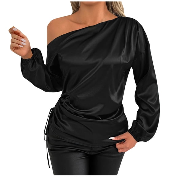 RYRJJ Women's Satin Silk Tops Off The Shoulder Dressy Blouse for Party Casual Long Sleeve Elegant Work Office Shirts(Black,XL)