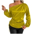 thumbnail image 1 of RYRJJ Women's Satin Silk Tops Off The Shoulder Dressy Blouse for Party Casual Long Sleeve Elegant Work Office Shirts(Yellow,L), 1 of 5