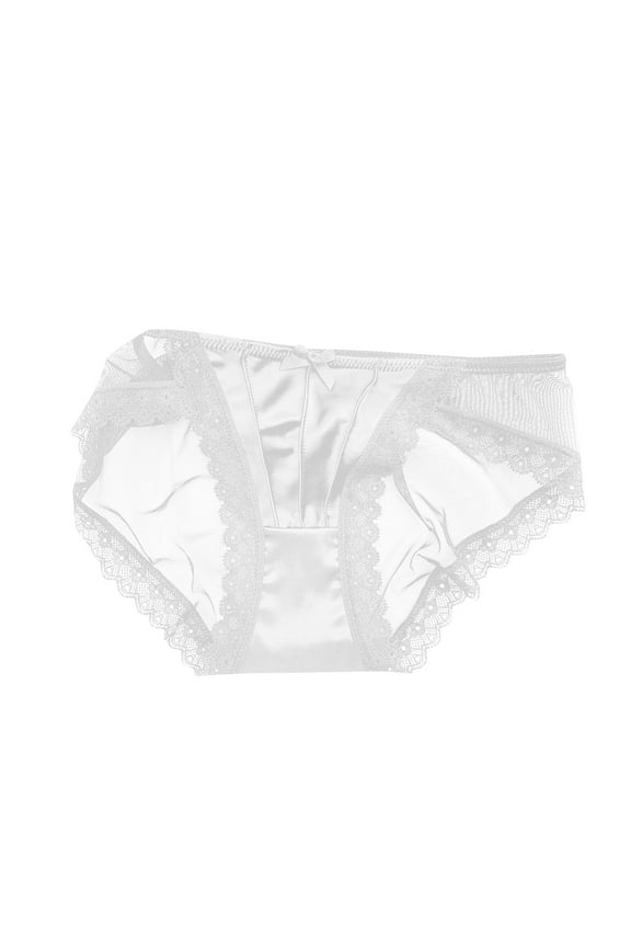 Women's Satin Slik Briefs High Cut Full Bikini Panties Lace Trimmed Breathable Seamless Underwear(White,M)