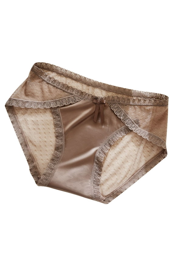 Women's Satin Slik Knickers Briefs Panties Soft Lace Trimmed Hipster Bikini Underwear Seamless Sheer Mesh Briefs(Brown,XL)