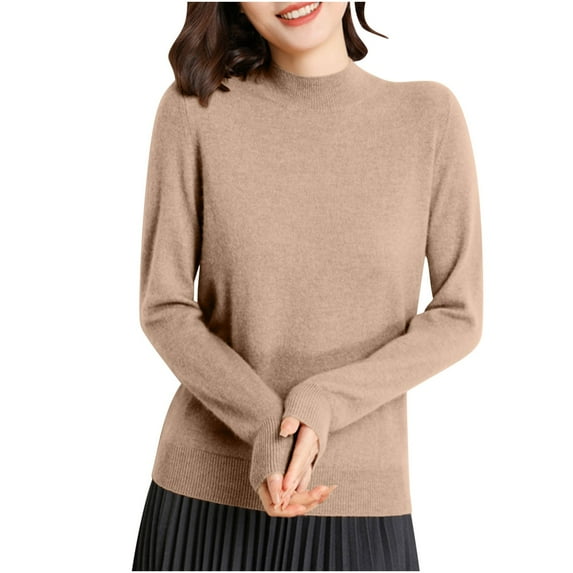 RYRJJ Women's Seamless Sweater Mock Neck Long Sleeve Knitted Pullover Sweaters Fall Winter Warm Soft Base Layer Shirt Tops(Khaki,XXL)