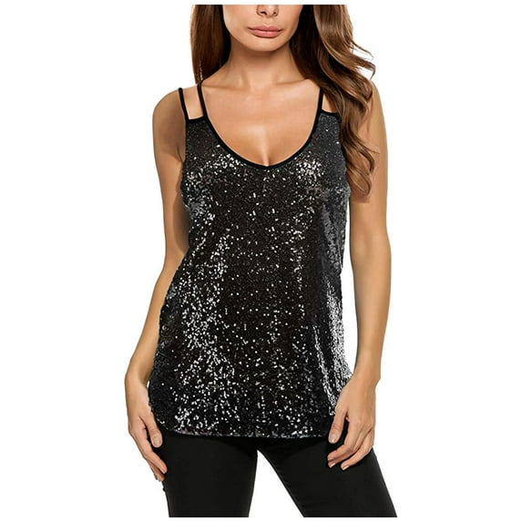 RYRJJ Women's Sequin Tank Top Sparkle Scoop Neck Summer Sleeveless Cami Vest Strappy Glitter Cocktail Club Party Tops Black L