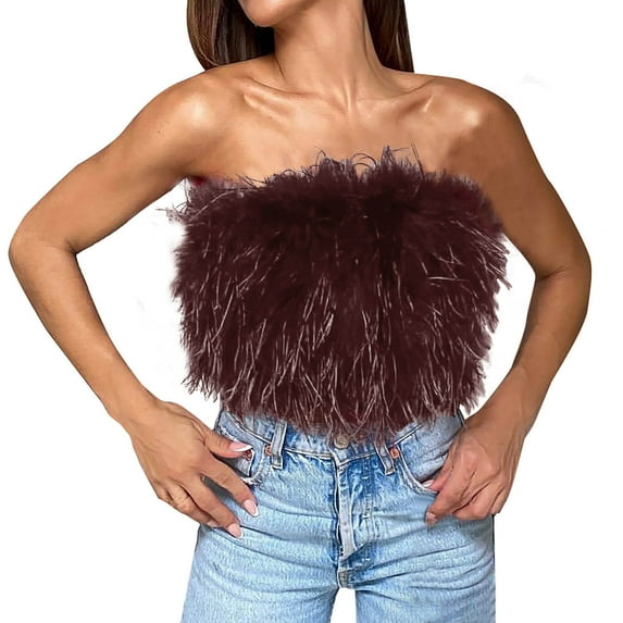 RYRJJ Women's Sexy Crop Tops Faux Fur Feather Strapless Tube Top Bandeau Sleeveless Camisole Tank Tops for Party Clubwear(Brown,L)