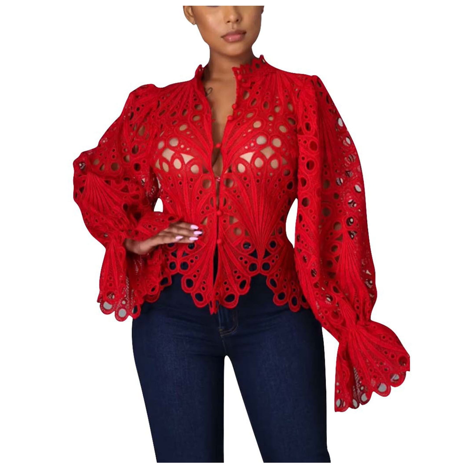 RYRJJ Women's Sexy Ruffle Long Sleeve Summer Lace Tops 2023 Puff Flare Shirt  V Neck Hollow Out Button Down Tunic Blouses(Red,M)