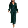 thumbnail image 1 of RYRJJ Women's Sparkly Jumpsuits Party Clubwear Sequins Rompers One-Piece Deep V Neck Long Sleeve Wide Leg Pants with Belt(Army Green,M), 1 of 5