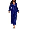 thumbnail image 1 of RYRJJ Women's Sparkly Jumpsuits Party Clubwear Sequins Rompers One-Piece Deep V Neck Long Sleeve Wide Leg Pants with Belt(Blue,3XL), 1 of 5