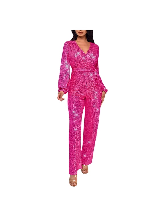 Women's Sparkly Jumpsuits Party Clubwear Sequins Rompers One-Piece Deep V Neck Long Sleeve Wide Leg Pants with Belt(Hot Pink,M)