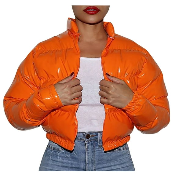 RYRJJ Women's Shiny Cropped Puffer Jacket Long Sleeve Solid Lightweight Stand Collar Winter Warm Zip Up Short Bubble Down Coat Outerwear(Orange,XXL)