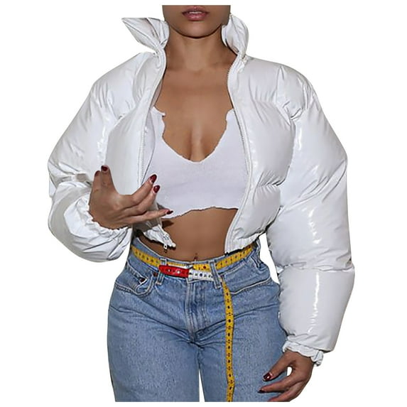 RYRJJ Women's Shiny Cropped Puffer Jacket Long Sleeve Solid Lightweight Stand Collar Winter Warm Zip Up Short Bubble Down Coat Outerwear(White,XL)