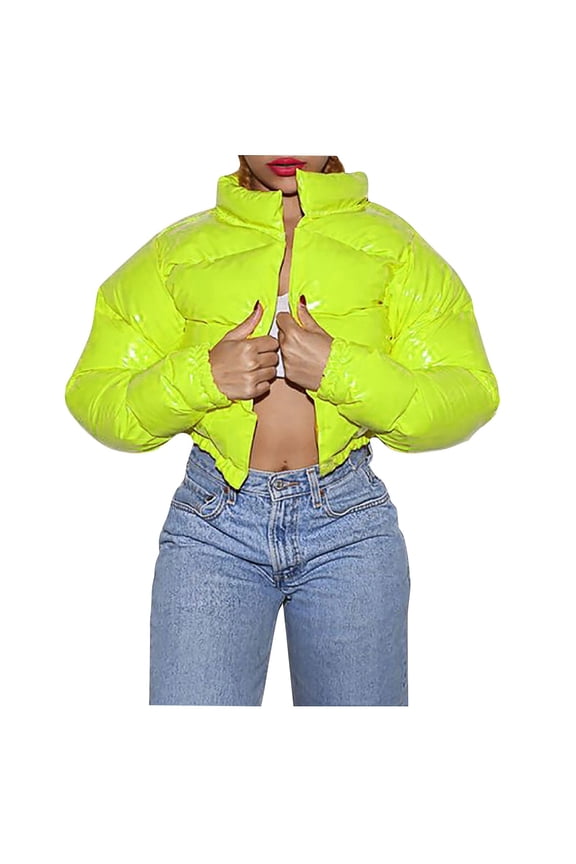 Women's Shiny Cropped Puffer Jacket Long Sleeve Solid Lightweight Stand Collar Winter Warm Zip Up Short Bubble Down Coat Outerwear(Yellow,S)
