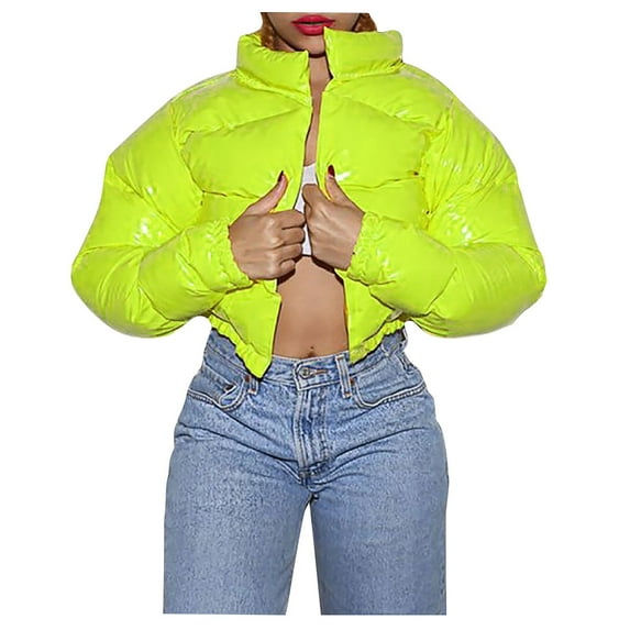 RYRJJ Women's Shiny Cropped Puffer Jacket Long Sleeve Solid Lightweight Stand Collar Winter Warm Zip Up Short Bubble Down Coat Outerwear(Yellow,XL)