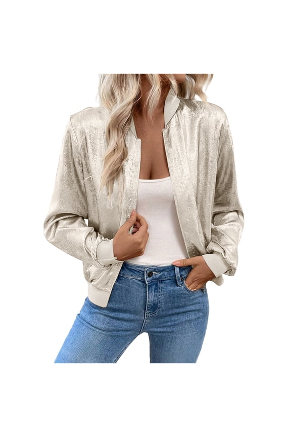 Women's Shiny Metallic Bomber Jacket Lightweight Zip Up Long Sleeve Fashion Jackets Casual Party Outwear Coat(Beige,L)
