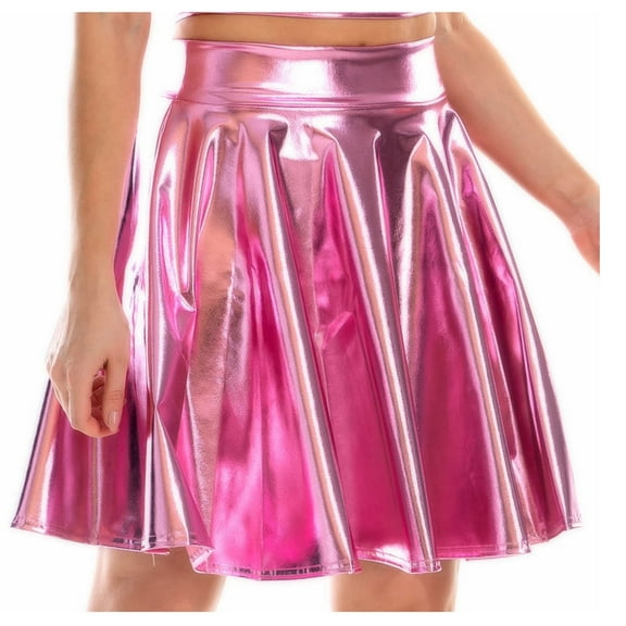 RYRJJ Women's Shiny Metallic Wet Look Stretchy Flared Mini Skater Skirt High Waisted Nightclub Party Pleated Skirts for Women(Pink,S)