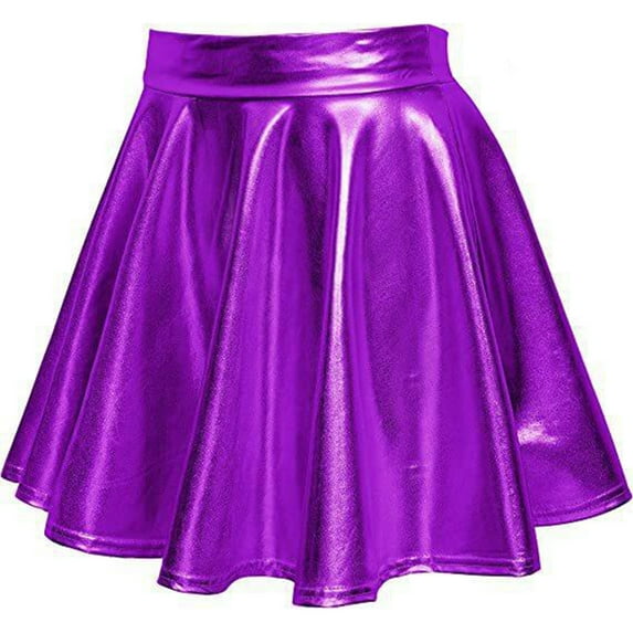 RYRJJ Women's Shiny Metallic Wet Look Stretchy Flared Mini Skater Skirt High Waisted Nightclub Party Pleated Skirts for Women(Purple,S)
