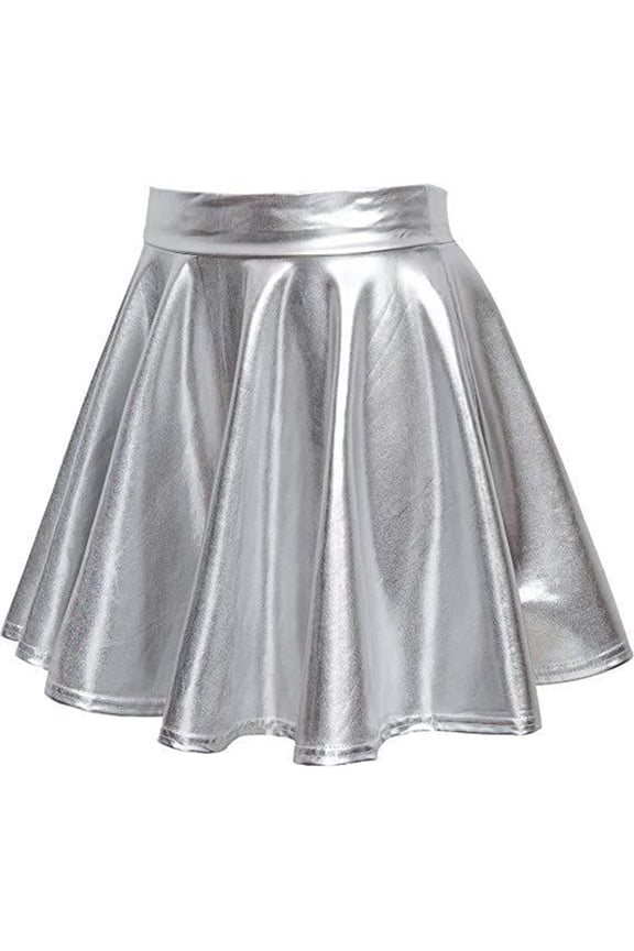 Women's Shiny Metallic Wet Look Stretchy Flared Mini Skater Skirt High Waisted Nightclub Party Pleated Skirts for Women(Silver,XL)
