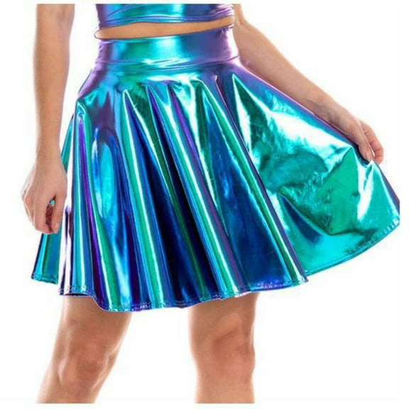 RYRJJ Women's Shiny Metallic Wet Look Stretchy Flared Mini Skater Skirt High Waisted Nightclub Party Pleated Skirts for Women(Sky Blue,S)